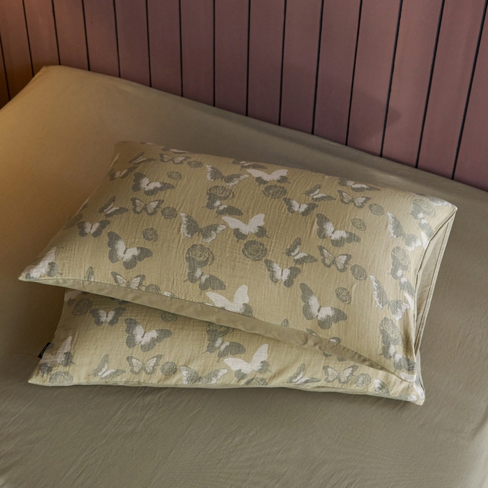 91家纺网 家纺一手货源 找家纺 宜代光年 2025新款彩色色织大提花纱布四件套 蝶舞-绿