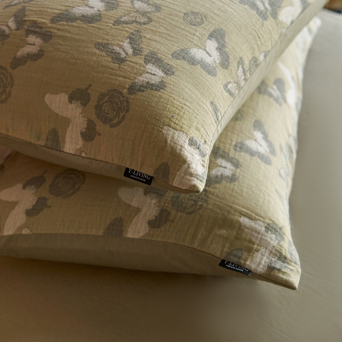 91家纺网 家纺一手货源 找家纺 宜代光年 2025新款彩色色织大提花纱布四件套 蝶舞-绿