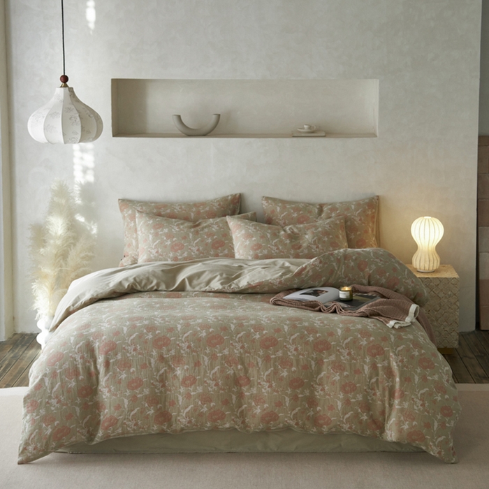 91家纺网 家纺一手货源 找家纺 宜代光年 2025新款彩色色织大提花纱布四件套 花枝棠-绿