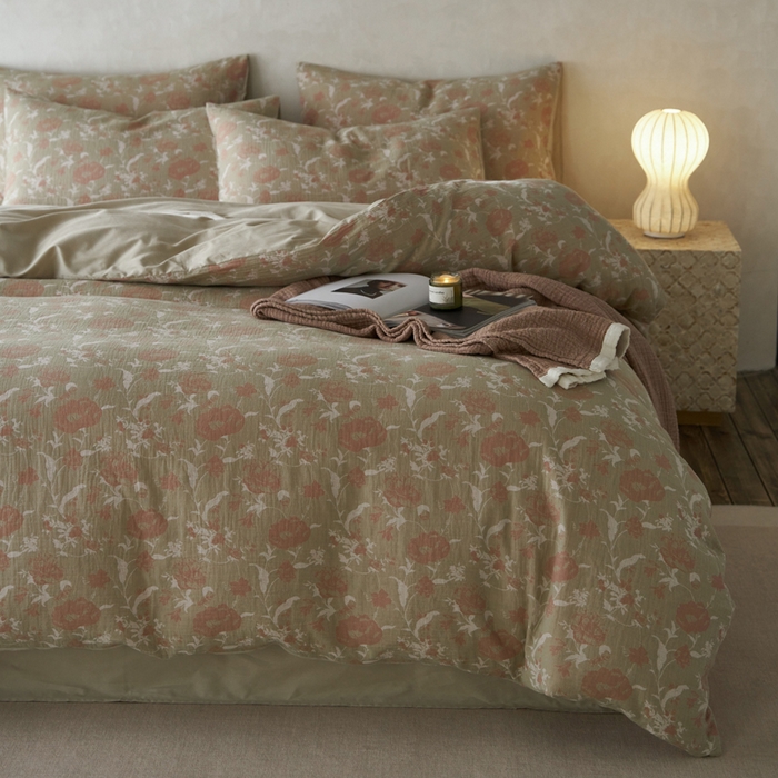 91家纺网 家纺一手货源 找家纺 宜代光年 2025新款彩色色织大提花纱布四件套 花枝棠-绿