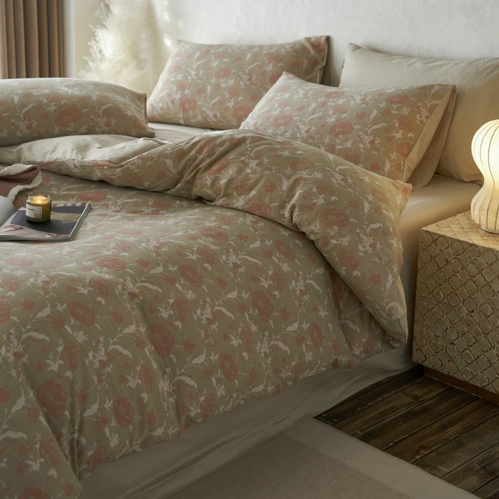 91家纺网 家纺一手货源 找家纺 宜代光年 2025新款彩色色织大提花纱布四件套 花枝棠-绿