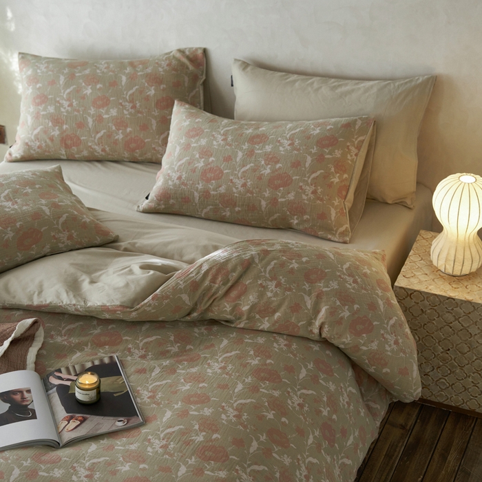 91家纺网 家纺一手货源 找家纺 宜代光年 2025新款彩色色织大提花纱布四件套 花枝棠-绿