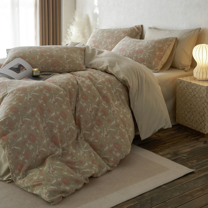 91家纺网 家纺一手货源 找家纺 宜代光年 2025新款彩色色织大提花纱布四件套 花枝棠-绿