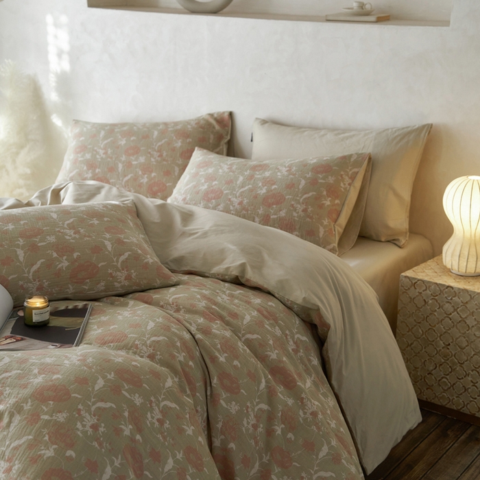 91家纺网 家纺一手货源 找家纺 宜代光年 2025新款彩色色织大提花纱布四件套 花枝棠-绿