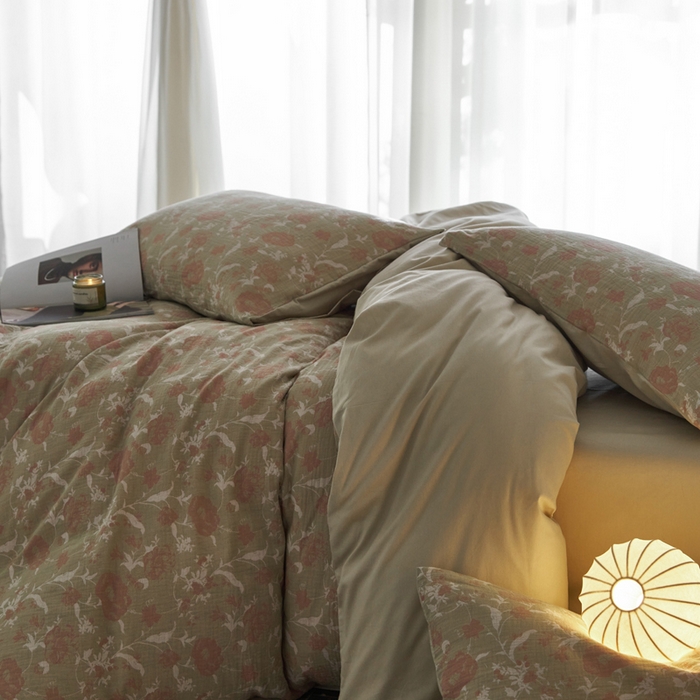 91家纺网 家纺一手货源 找家纺 宜代光年 2025新款彩色色织大提花纱布四件套 花枝棠-绿