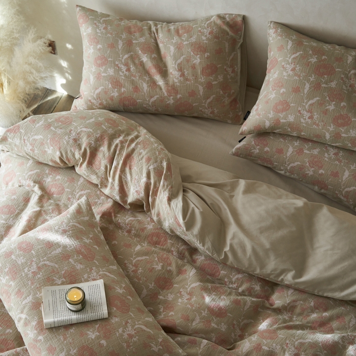 91家纺网 家纺一手货源 找家纺 宜代光年 2025新款彩色色织大提花纱布四件套 花枝棠-绿