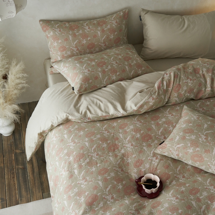 91家纺网 家纺一手货源 找家纺 宜代光年 2025新款彩色色织大提花纱布四件套 花枝棠-绿