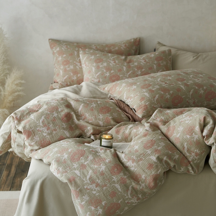 91家纺网 家纺一手货源 找家纺 宜代光年 2025新款彩色色织大提花纱布四件套 花枝棠-绿