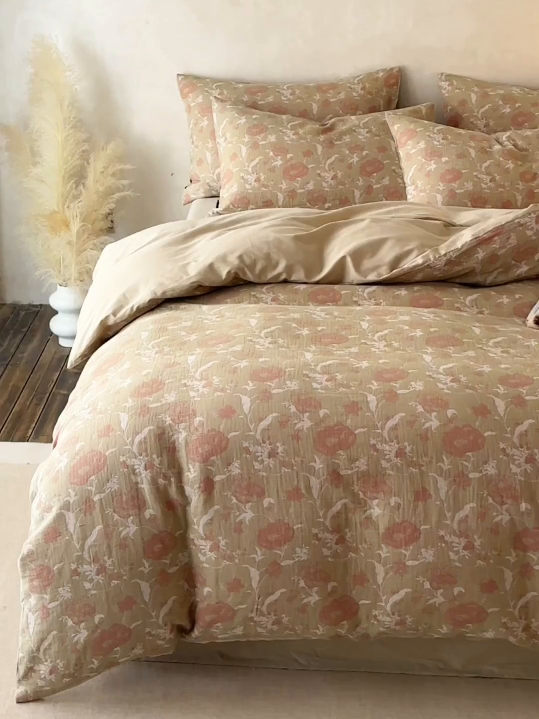 91家纺网 家纺一手货源 找家纺 宜代光年 2025新款彩色色织大提花纱布四件套 花枝棠-绿