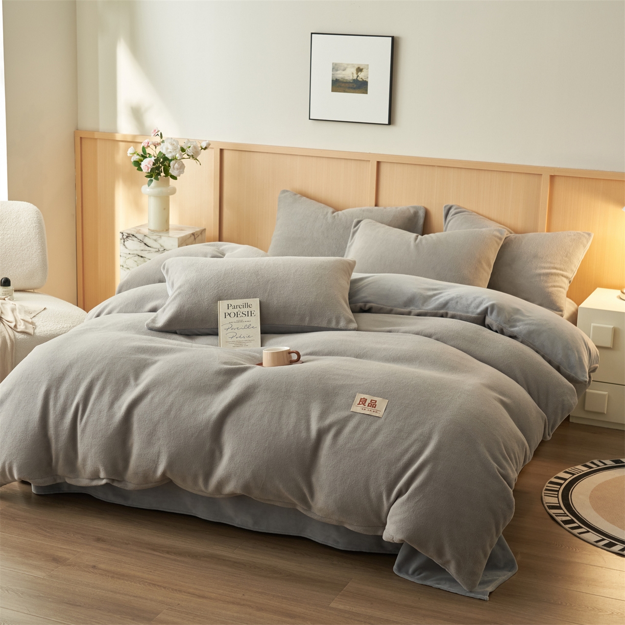 91家纺网 家纺一手货源 找家纺 金鹰 2025新款羊驼绒牛奶绒四件套加厚保暖绒套件被套 羊驼绒-浅灰