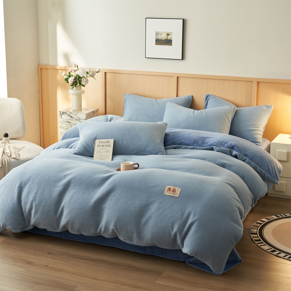 91家纺网 家纺一手货源 找家纺 金鹰 2025新款羊驼绒牛奶绒四件套加厚保暖绒套件被套 羊驼绒-蓝色