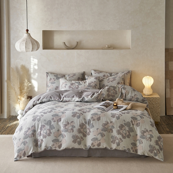 91家纺网 家纺一手货源 找家纺 宜代光年 2025新款彩色色织大提花纱布四件套 南湘-白