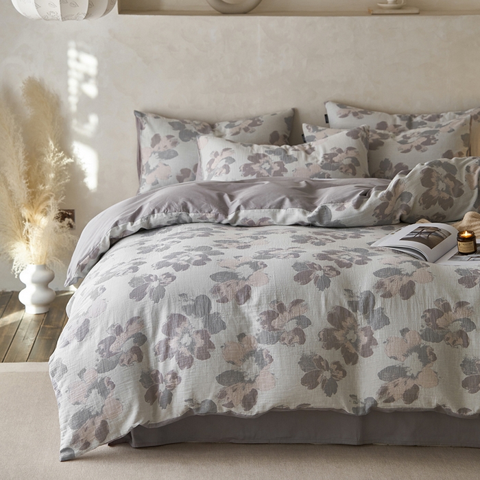 91家纺网 家纺一手货源 找家纺 宜代光年 2025新款彩色色织大提花纱布四件套 南湘-白