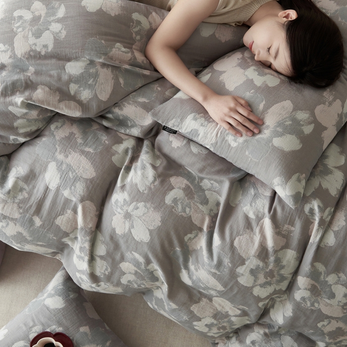 91家纺网 家纺一手货源 找家纺 宜代光年 2025新款彩色色织大提花纱布四件套 南湘-灰