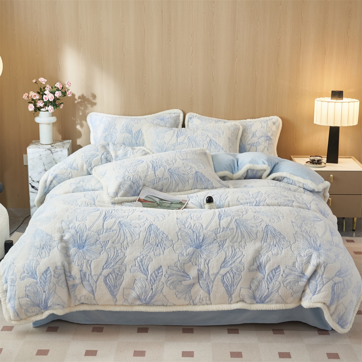 91家纺网 家纺一手货源 找家纺 金鹰 2025新款A类兔毛绒烂花四件套牛奶绒四件套加厚保暖绒套件 恋语蓝