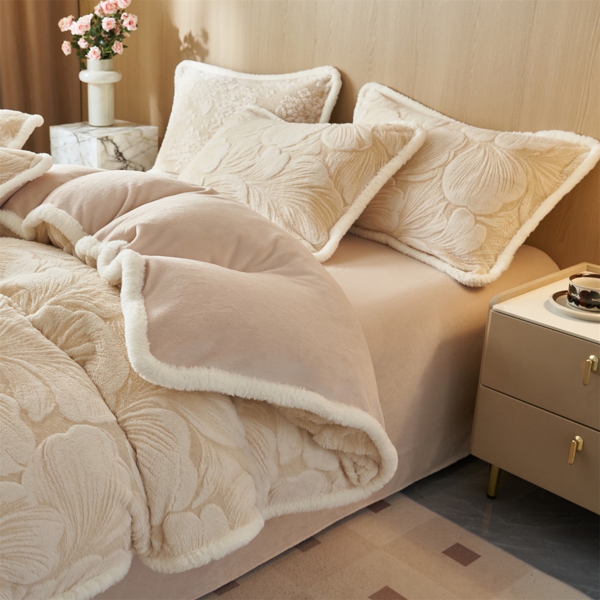 91家纺网 家纺一手货源 找家纺 （总）金鹰 2025新款A类兔毛绒烂花四件套牛奶绒四件套加厚保暖绒套件