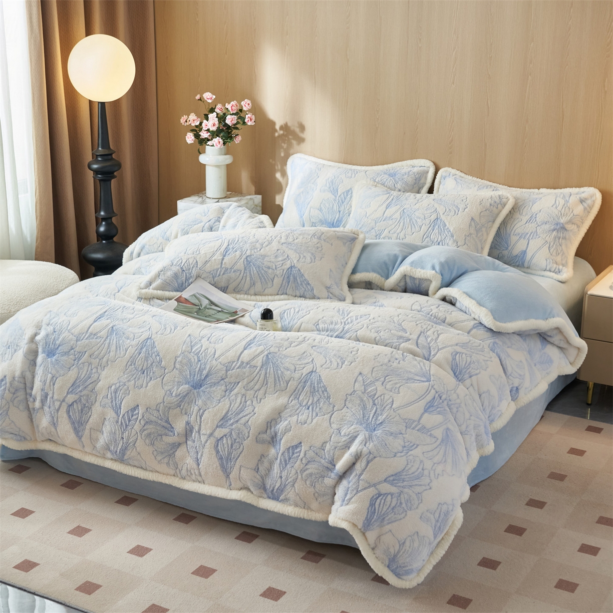 91家纺网 家纺一手货源 找家纺 金鹰 2025新款A类兔毛绒烂花四件套牛奶绒四件套加厚保暖绒套件 恋语蓝