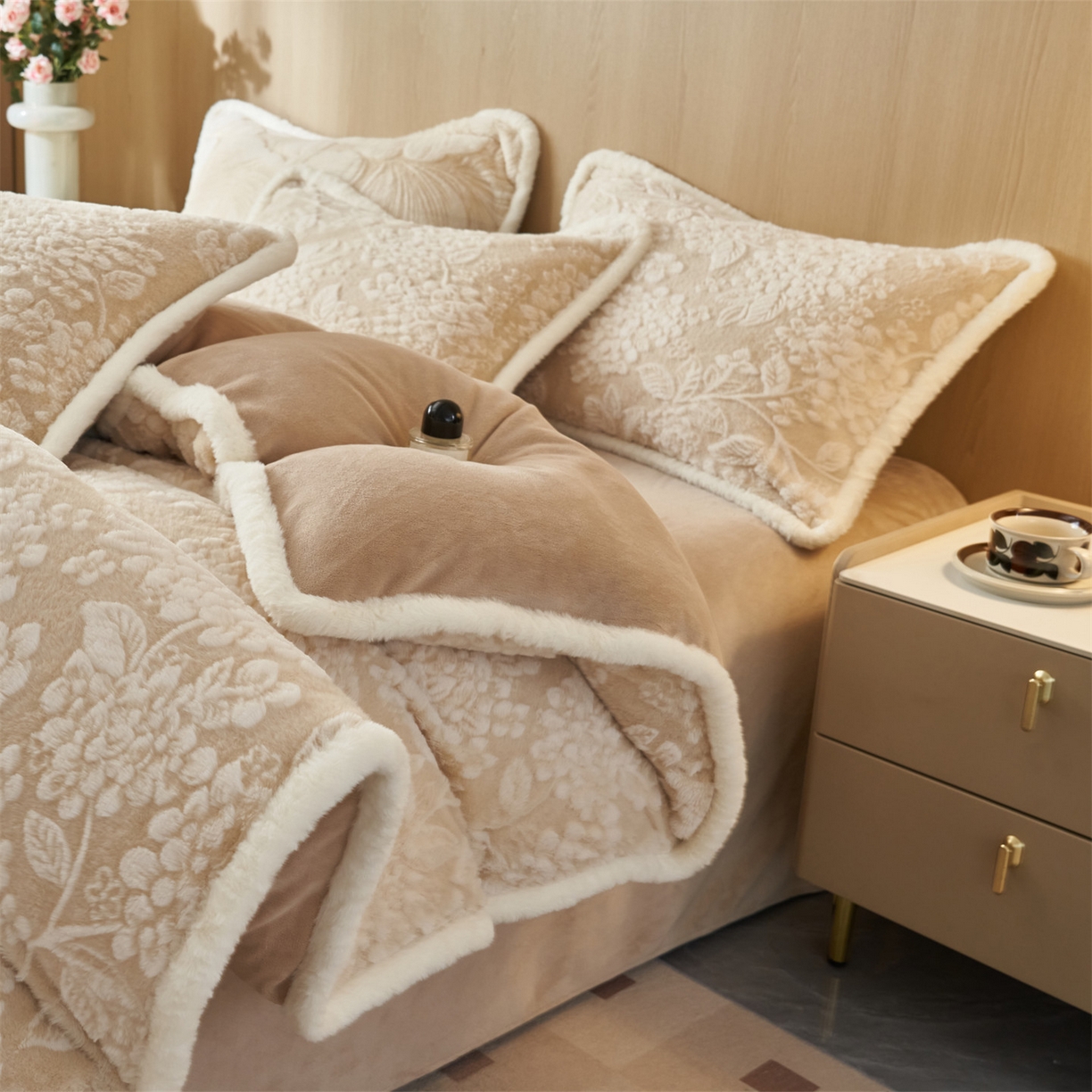 91家纺网 家纺一手货源 找家纺 金鹰 2025新款A类兔毛绒烂花四件套牛奶绒四件套加厚保暖绒套件 花开富贵