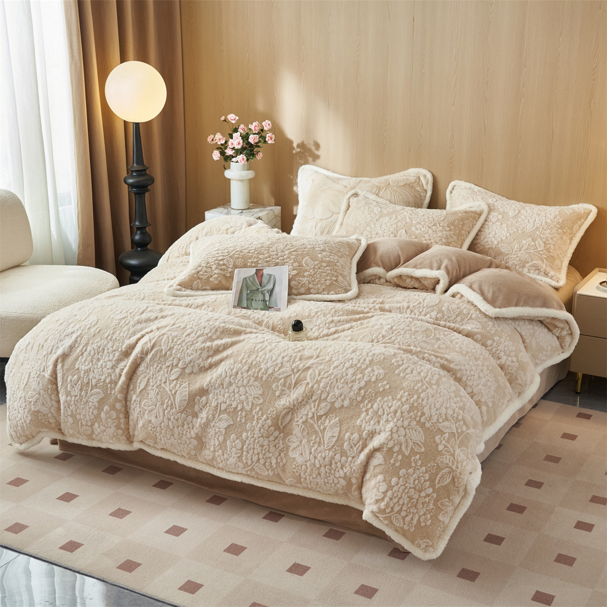 91家纺网 家纺一手货源 找家纺 金鹰 2025新款A类兔毛绒烂花四件套牛奶绒四件套加厚保暖绒套件 花开富贵