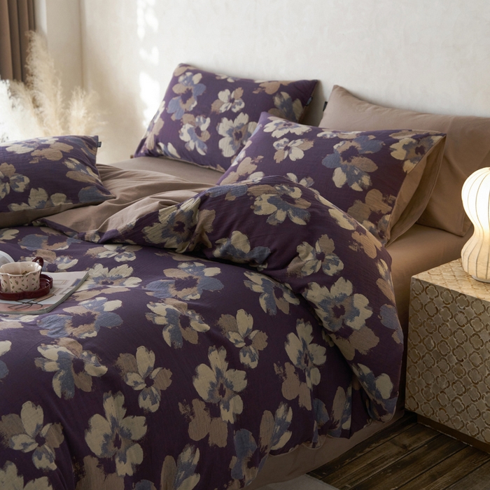 91家纺网 家纺一手货源 找家纺 宜代光年 2025新款彩色色织大提花纱布四件套 南湘-咖