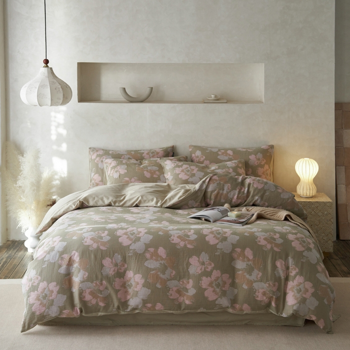 91家纺网 家纺一手货源 找家纺 宜代光年 2025新款彩色色织大提花纱布四件套 南湘-绿