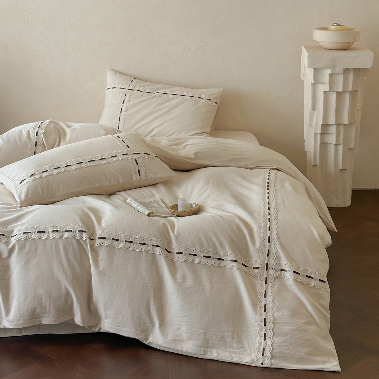 91家纺网 家纺一手货源 找家纺 （总）例外 2025新款A类色织亚麻提花水洗棉四件套-云端【 此款各平台严格控价；卷后 标准不得低于298 加大不得低于 315】 【套件 会员 -20 /套】