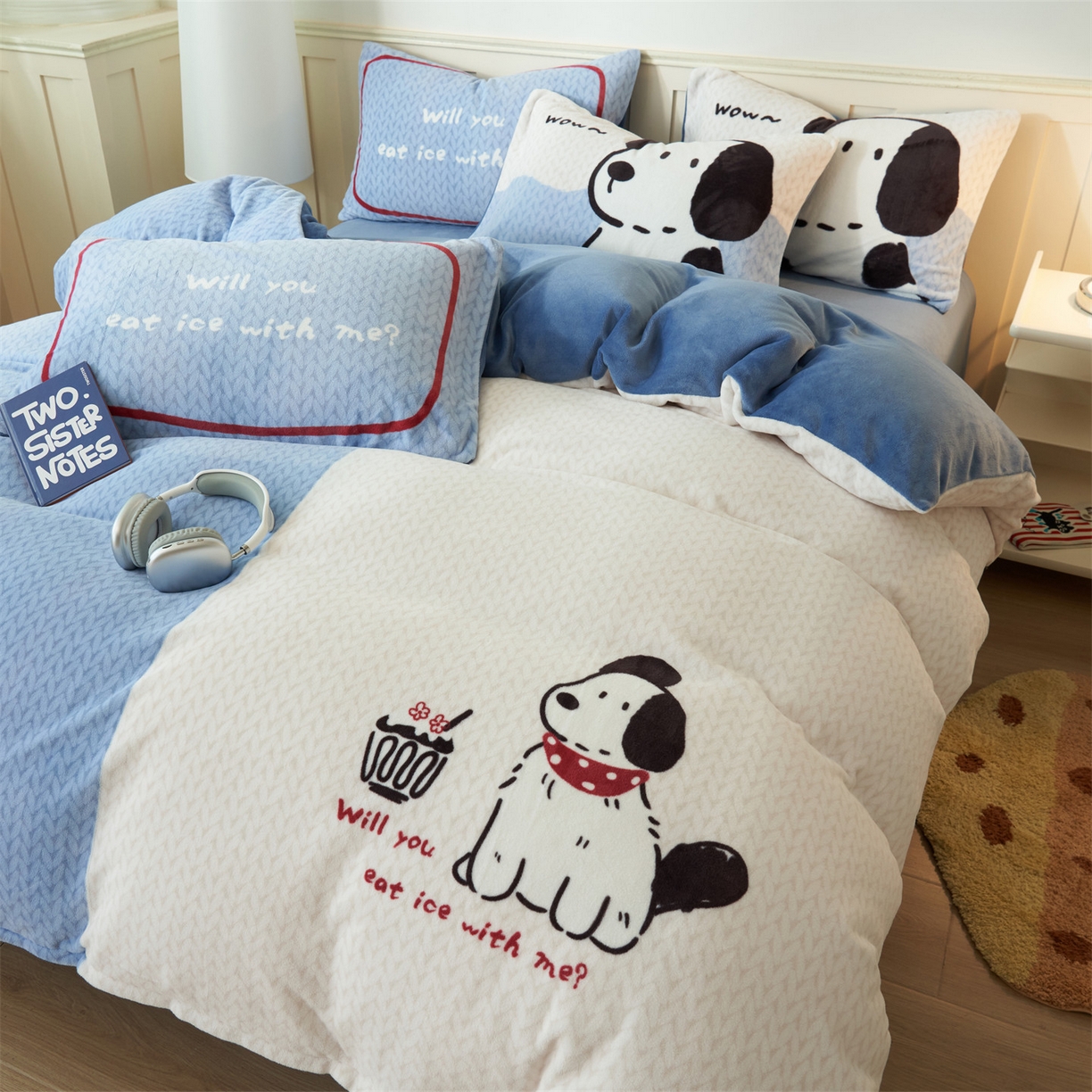 91家纺网 家纺一手货源 找家纺 金鹰 202新款A类数码印花卡通牛奶绒四件套 奶油小狗