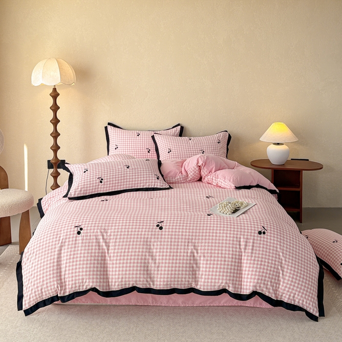 米可2025新款水洗棉绣花花边款四件套 樱桃-粉