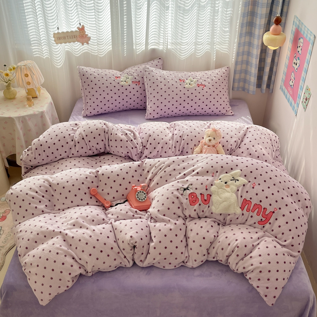 红嘴企鹅 2025新款精致贴布绣牛奶绒四件套 Bunny兔-紫