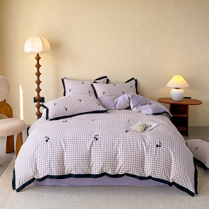 米可2025新款水洗棉绣花花边款四件套 樱桃-紫