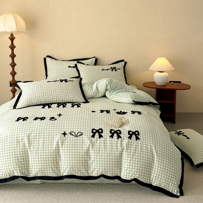 91家纺网 家纺一手货源 找家纺 米可 2025新款水洗棉绣花花边款四件套 蝴蝶结-绿