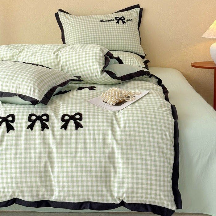 91家纺网 家纺一手货源 找家纺 米可 2025新款水洗棉绣花花边款四件套 蝴蝶结-绿