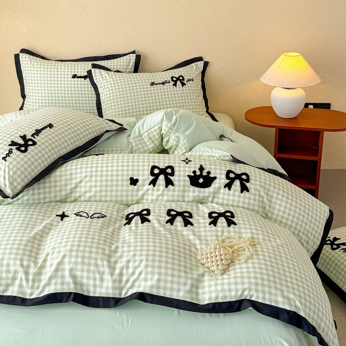 91家纺网 家纺一手货源 找家纺 米可 2025新款水洗棉绣花花边款四件套 蝴蝶结-绿