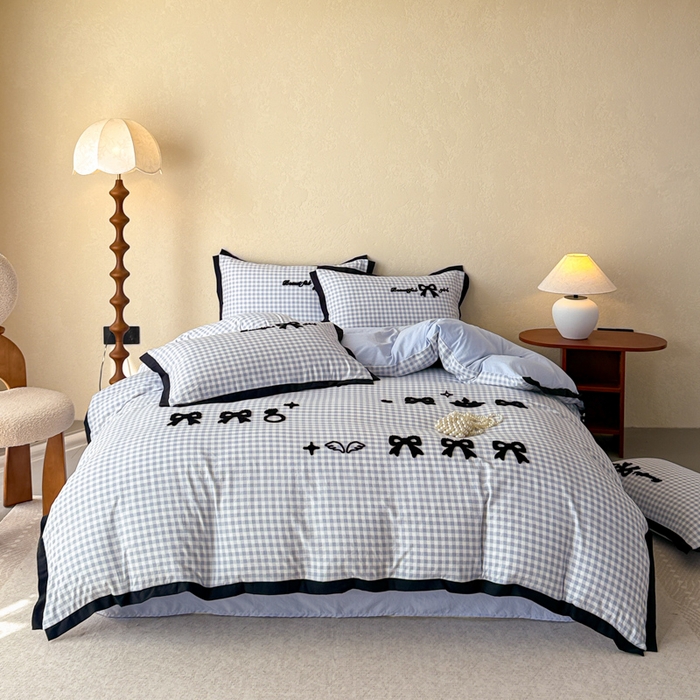 米可 2025新款水洗棉绣花花边款四件套 蝴蝶结-蓝