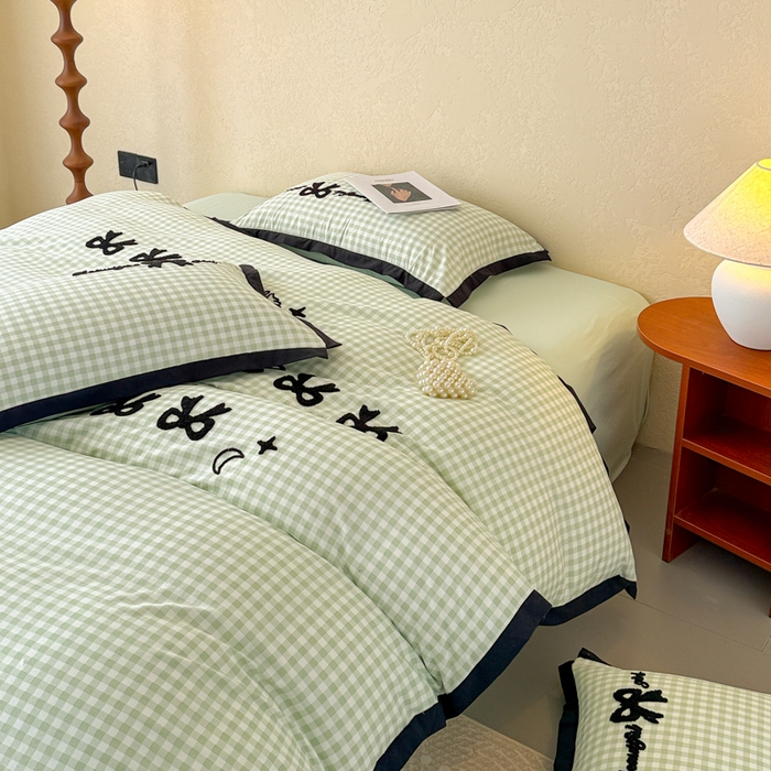 91家纺网 家纺一手货源 找家纺 米可 2025新款水洗棉绣花花边款四件套 蝴蝶结-绿