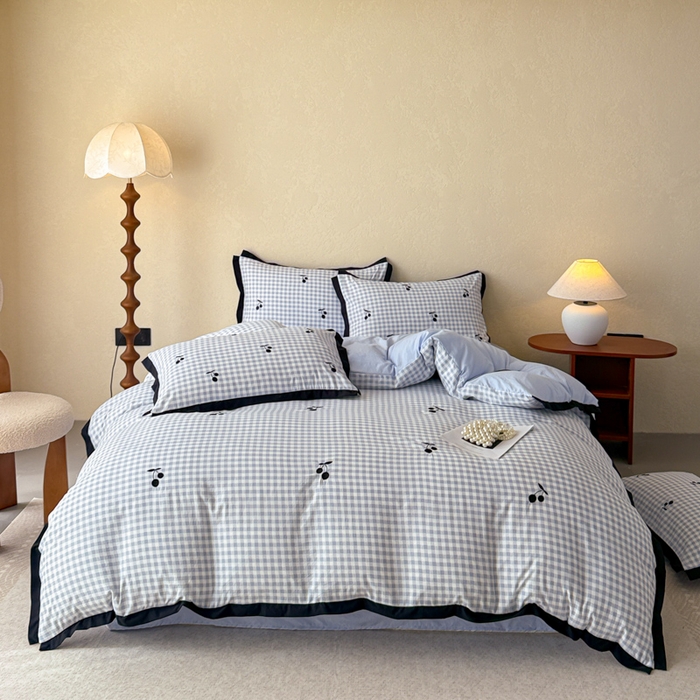 米可 2025新款水洗棉绣花花边款四件套 樱桃-蓝