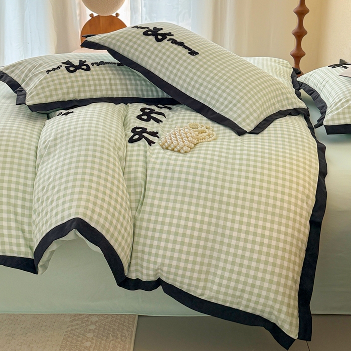 91家纺网 家纺一手货源 找家纺 米可 2025新款水洗棉绣花花边款四件套 蝴蝶结-绿