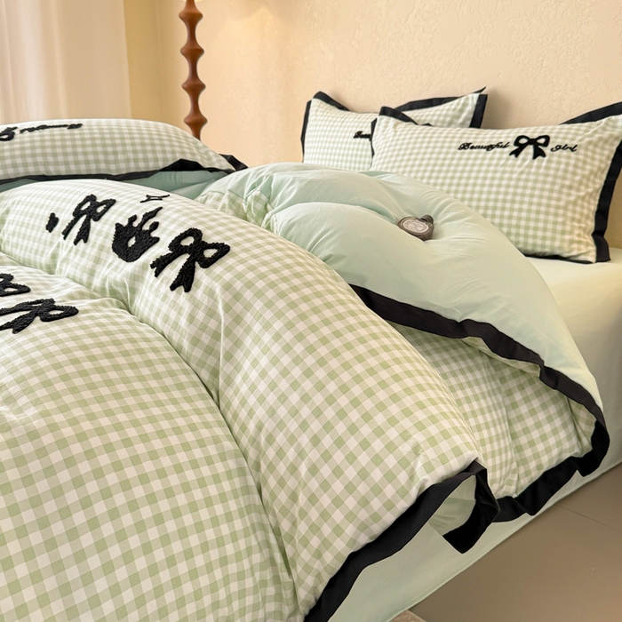 91家纺网 家纺一手货源 找家纺 米可 2025新款水洗棉绣花花边款四件套 蝴蝶结-绿