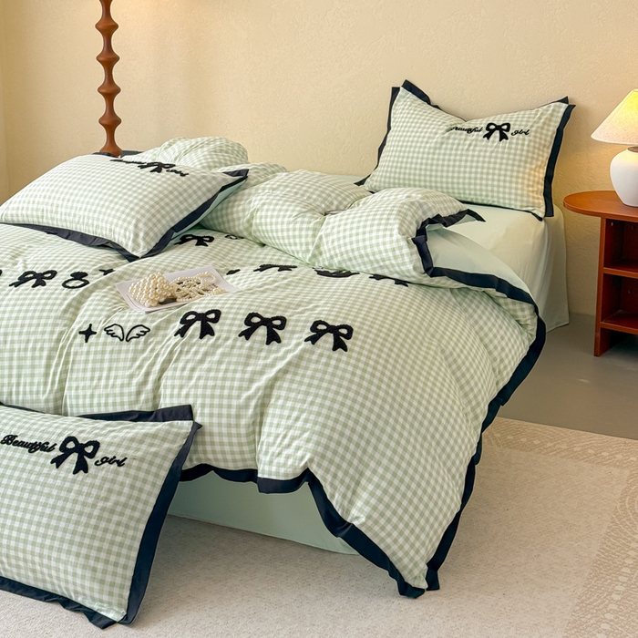 91家纺网 家纺一手货源 找家纺 米可 2025新款水洗棉绣花花边款四件套 蝴蝶结-绿