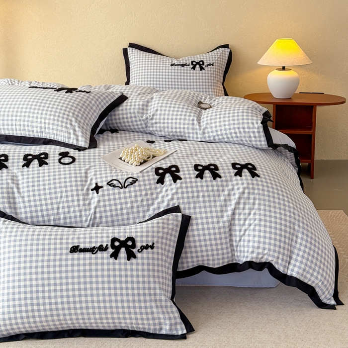 91家纺网 家纺一手货源 找家纺 米可 2025新款水洗棉绣花花边款四件套 蝴蝶结-蓝