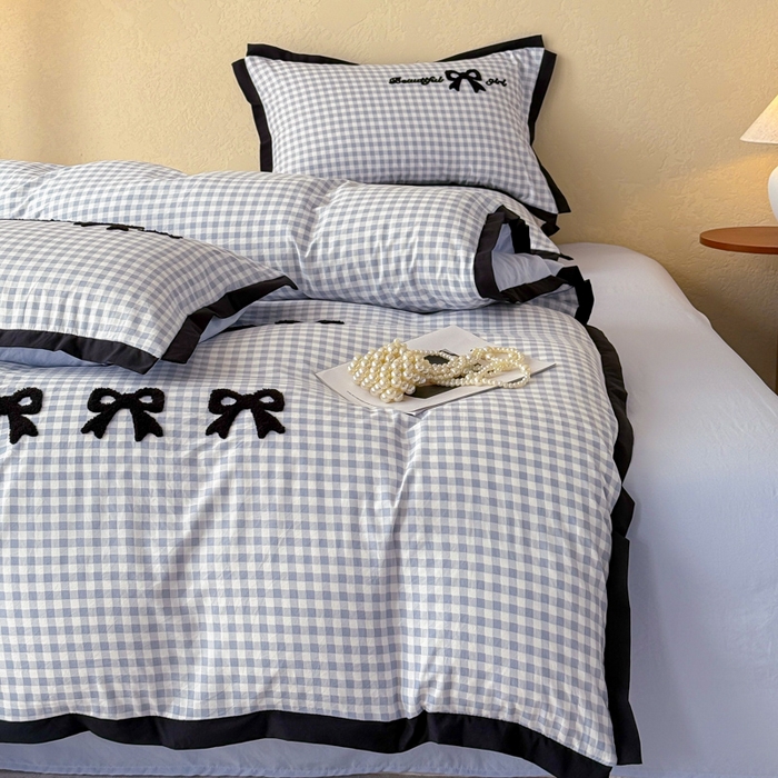 91家纺网 家纺一手货源 找家纺 米可 2025新款水洗棉绣花花边款四件套 蝴蝶结-蓝