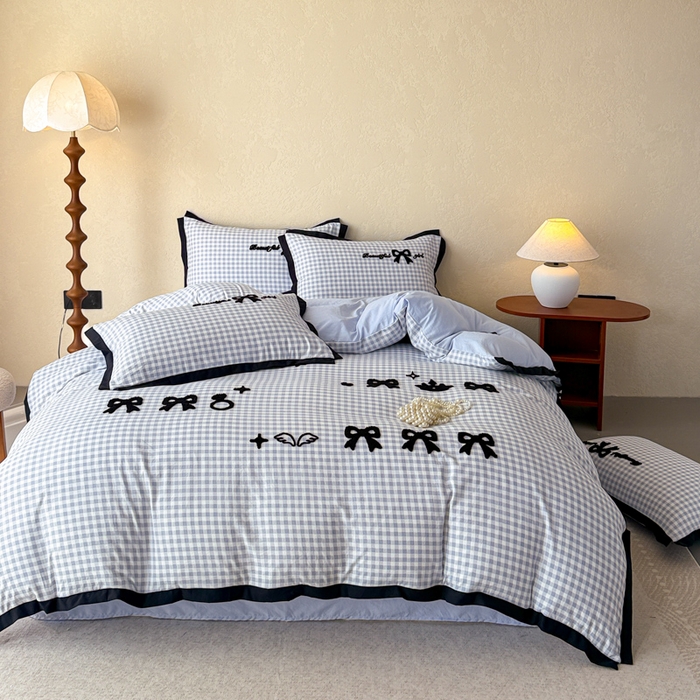 91家纺网 家纺一手货源 找家纺 米可 2025新款水洗棉绣花花边款四件套 蝴蝶结-蓝