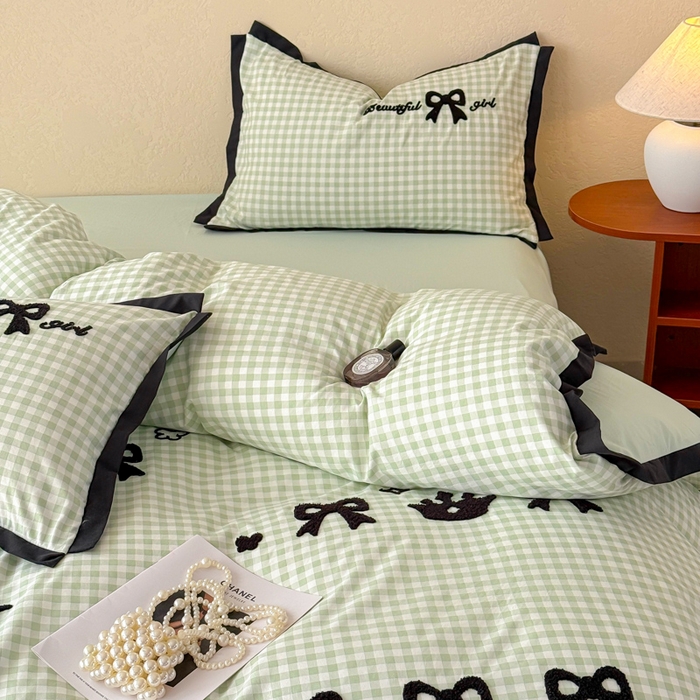 91家纺网 家纺一手货源 找家纺 米可 2025新款水洗棉绣花花边款四件套 蝴蝶结-绿