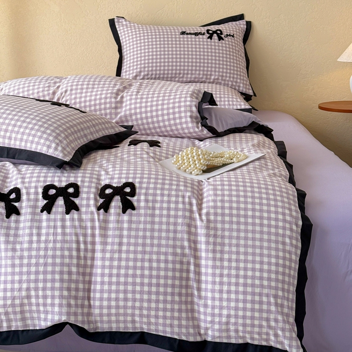 91家纺网 家纺一手货源 找家纺 米可 2025新款水洗棉绣花花边款四件套 蝴蝶结-紫