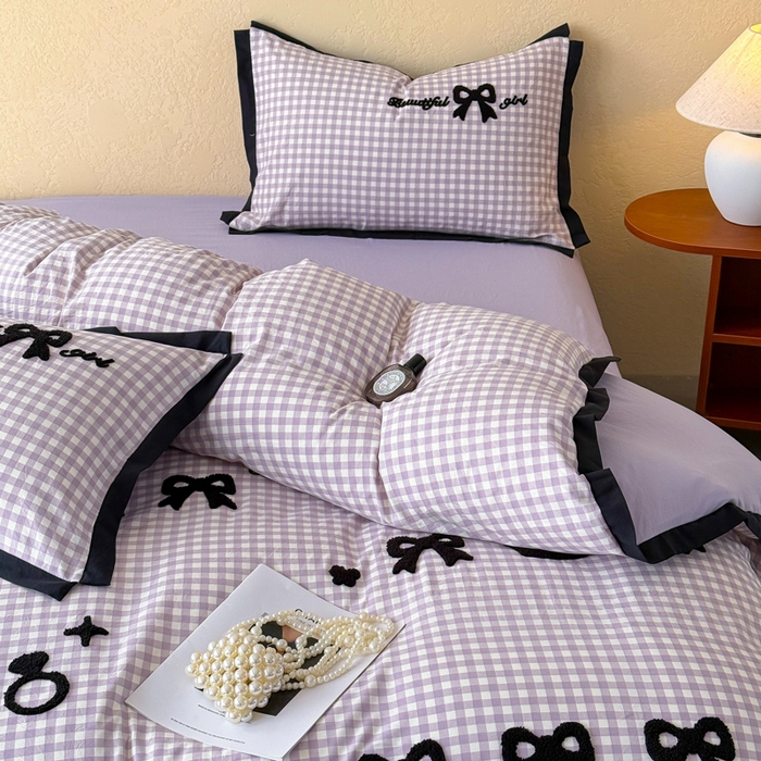 91家纺网 家纺一手货源 找家纺 米可 2025新款水洗棉绣花花边款四件套 蝴蝶结-紫