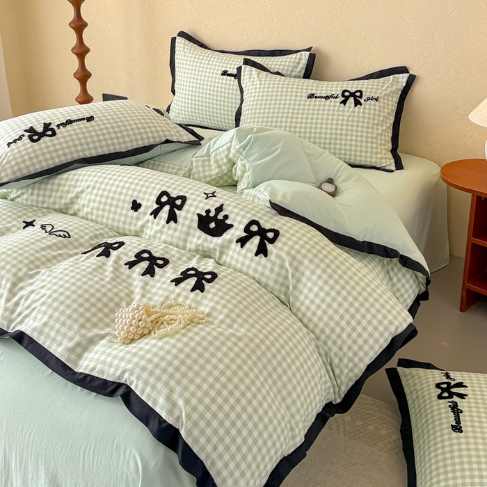 91家纺网 家纺一手货源 找家纺 米可 2025新款水洗棉绣花花边款四件套 蝴蝶结-绿