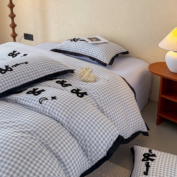 91家纺网 家纺一手货源 找家纺 米可 2025新款水洗棉绣花花边款四件套 蝴蝶结-蓝