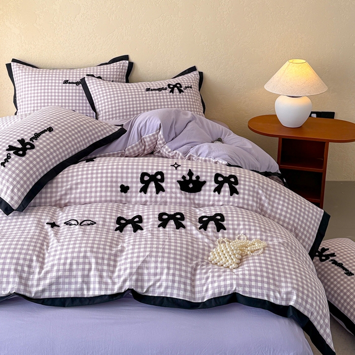 91家纺网 家纺一手货源 找家纺 米可 2025新款水洗棉绣花花边款四件套 蝴蝶结-紫