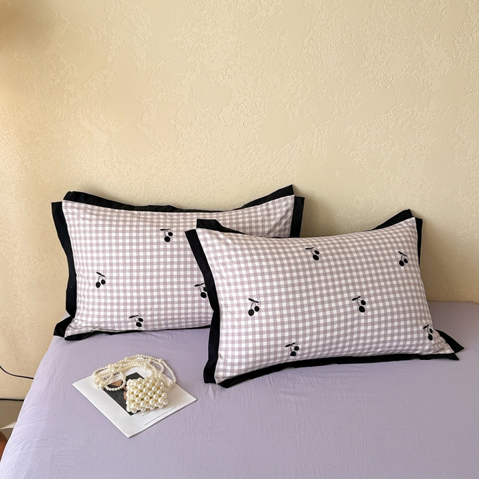 91家纺网 家纺一手货源 找家纺 米可 2025新款水洗棉绣花花边款四件套 樱桃-紫