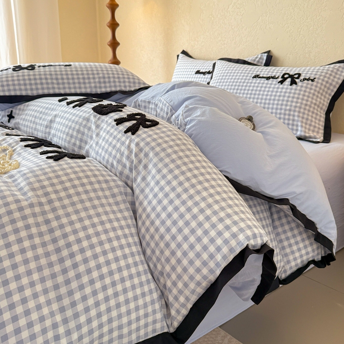 91家纺网 家纺一手货源 找家纺 米可 2025新款水洗棉绣花花边款四件套 蝴蝶结-蓝